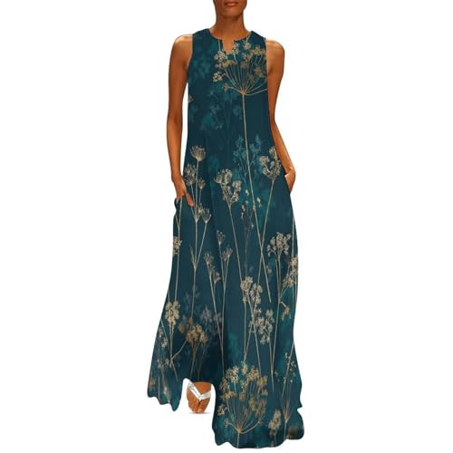 Robe femme col en V sans manches cyan avec motifs plantes élégantes et grandes poches