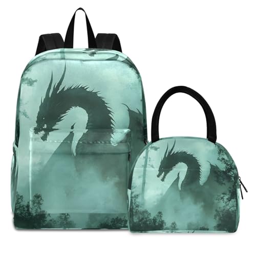 Backpack Lunch Box Set Large Capacity Travel Backpacks and Insulated Lunch Bag for Commute Hiking Picnic Dragon in Forest Print