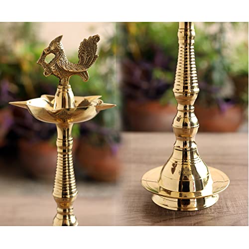 Image of Indian Art Villa Pure Brass Shine Finish Stand /Pillar Diya /Deepak /Lamp /Lantern with Peacock Design, Pooja, Home Decor & Diwali Gift Item, Height-12 Inches
