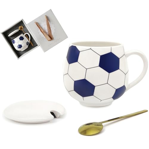 Ceramic Coffee Mug 13.5 oz Cute Mugs with Lid and Spoon, Funny Mugs Cereal Bowl Soccer Gifts for Coaches Fans Players, Gag Sports Cool Stuff Cups Soccer Mom Unique Teacups Retirement Gifts, Blue