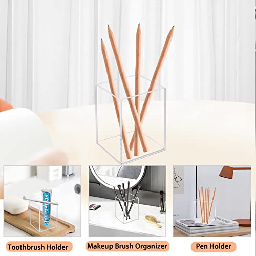 Ptaedex 2 Pack Acrylic Pen Pencil Holder, Clear Makeup Brush Holder Cup Storage Office Desktop Desk Table Stationery Organizer