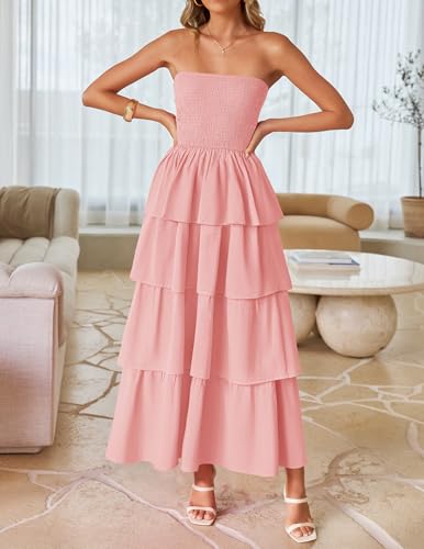 Image of ZESICA Women's Summer Boho Strapless Maxi Dress 2026 Casual Sleeveless Off Shoulder Smocked Tiered Beach Long Sundress