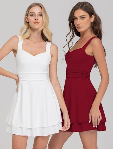 Image of IWD Women's Square Neck Sleeveless Mini Dress Ruched Waist Tiered Ruffle Hem A Line Short Dresses