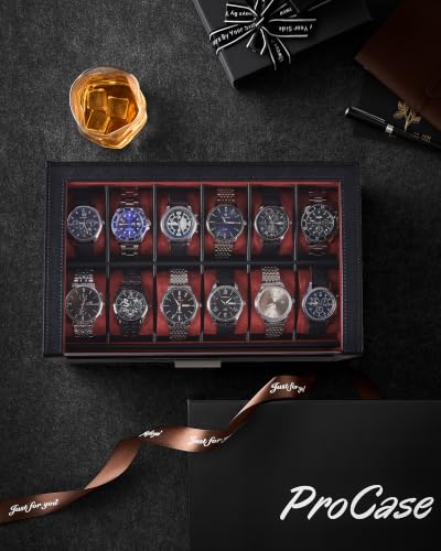 Image of ProCase Watch Box for Men, 12 Slots Watch Display Holder -Winered | Clear Acrylic Top, Large Capacity PU Leather Case with Drawer Organizer, Jewelry Storage, Ideal Gift for Men Women
