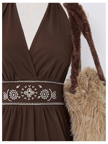 Milumia Women's Boho Flowy Asymmetrical Halter Top Western V Neck Hippie Tops3