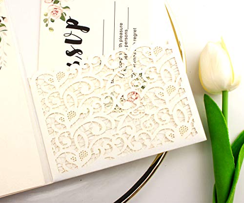 25Pcs 5"X7.28" Ivory Vintage Tri Fold Wedding Invitations Cards Pocket Pearl Paper Laser Cut Hollow Carving Greeting Invites Covers Only No Envelope No Insert #TOP1