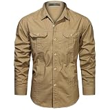 Hombre Camisas de Trabajo de Algodón, Ropa de Militar de Manga Larga con Botones,Cargo Shirts, 2 Bolsillos, Regular Fit para Pesca, Tala, Senderismo, Caza，Caqui，S