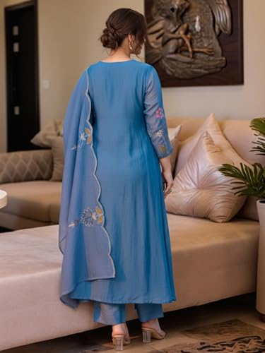 Image of GoSriKi Women's Rayon Viscose Embroidered Anarkali Kurta with Pant and Dupatta | Three Piece Ethnic Kurta Set for Women with Elegant Design