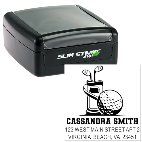 Image of Slim Pre Inked Rubber Stamp Golf Gear Essentials - Scrapbook and Journal | Golfer Gift Stamp. Compact Address Stamp. Choice of 5 ink colors. Laser-cut lettering. Up to 15,000 impressions. Stores flat.