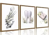 Dental Wall Art Set of 3, Vintage Floral Dentist Office Decor, Framed Dental Tools and Tooth Canvas Prints for Dental Clinic Office School, 8x10 Inches Ready to Hang