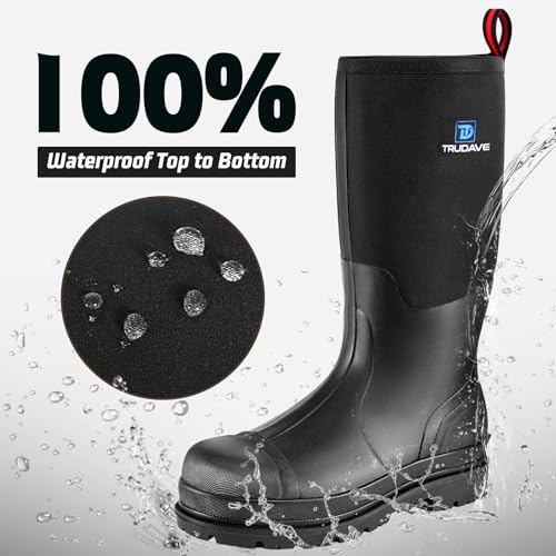 Rubber Work Boots with Steel Shank, Men's Waterproof Rain Boots Anti-slip, 5mm Neoprene Insulated Outdoor Hunting Boots, Durable All Season Knee Boots for Farming Construction Gardening Size 6-142
