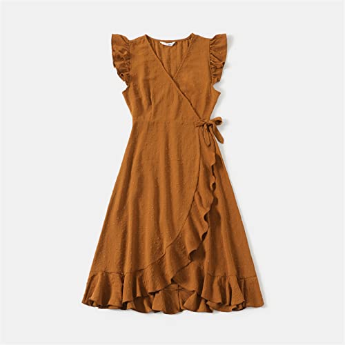 Patpat Family Matching Outfits Mother Daughter Ruffle Flutter-Sleeve Wrap V-Neck Polka Dots Belted Ruffle Dresses And Colorblock Short-Sleeve T-Shirts Sets Casual Khaki Men Xl #TOP1