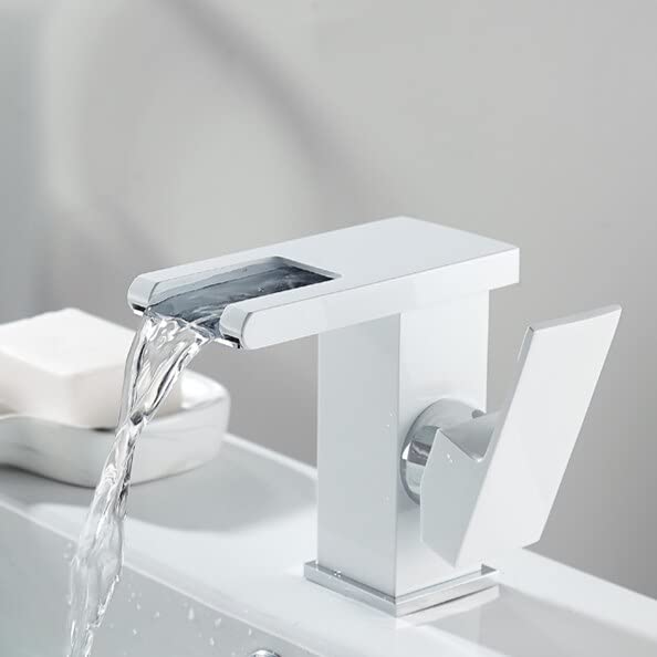 Mitigeur de salle de bains LED avec cascade d'eau pour vasque design blanc et or