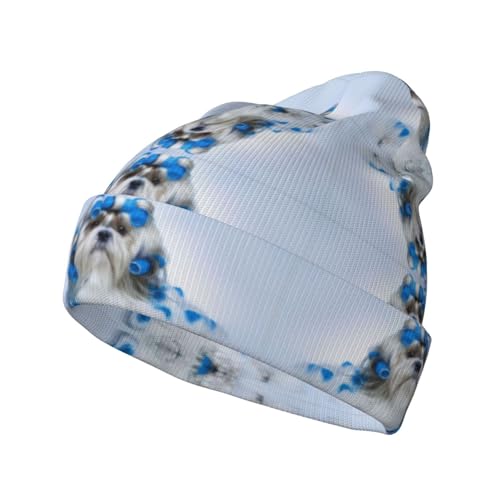 Bonnet tricoté Shih Tzu noir chaud pour hiver et automne avec motif imprimé