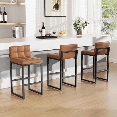 Image of 24 inch Bar Stools Set of 3, Modern Faux Leather Counter Height Bar Stools with Low Back and Footrest, Sturdy Thickened Metal Leg, Upholstered Kitchen Bar Chairs for Island, Orange