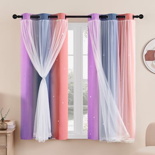 XiDi Rideaux Chambre Enfant, Rideaux Occultants avec Tulle Décoratif, Motifs Étoilés, 86x160 CM(Largeur x Hauteur), Gris/Rose/Violet, 2 Pièces