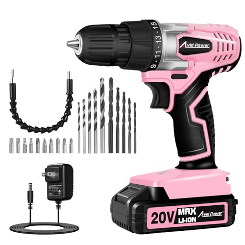 Image of AVID POWER 20V MAX Lithium lon Cordless Drill Set, Power Drill Kit with Battery and Charger, 3/8-Inch Keyless Chuck, Variable Speed, 16 Position and 22pcs Bits (Pink)