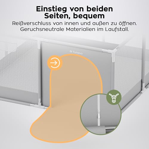 Tulano Cozy 20 Laufstall Baby 130x130 cm mit Boden – Spielgitter für Babys 6 bis 36 Monate – Tragbar Innen Außen – Faltbar – Netzwände – Metallrahmen – Kinderschutz – Reisegitter – Laufgitter – Grau