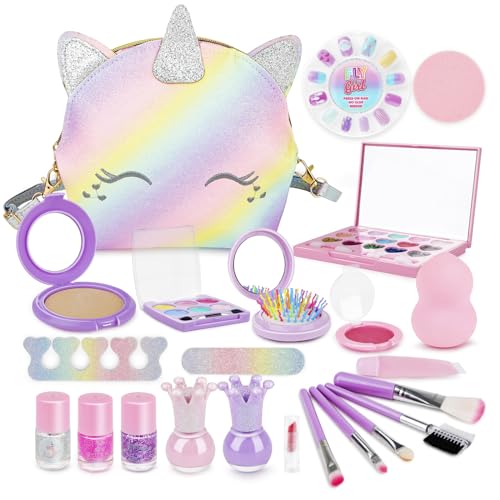 deAO Kit de Maquillaje Niñas, Juego de Maquillaje Seguro y No Tóxico con Pintauñas Niñas y Bolsa de Mensajero para Niñas, Juguete de Maquillaje para Princesas 3 4 5+ Años