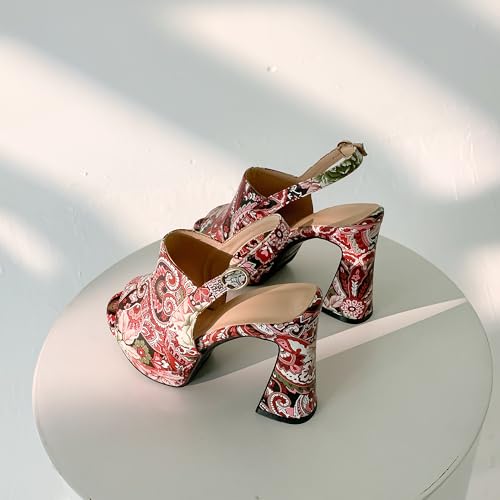 JANSEVEN Platform Heels Sandals Floral Chunky Block High Heel Pump Multicolor Ankle Strap Pumps Sexy Dress Wedding Bridal Shoes Size 4.5-102