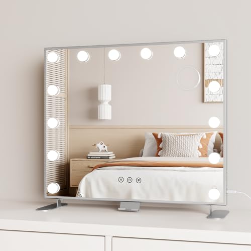 Moziel Espejo de Maquillaje con Luz 14 LED, Espejo Tocador 60 x 53 cm, Montado en la Pared o en la Mesa, 3 Colores de Luz y Función de Brillo Ajustable, Plateado