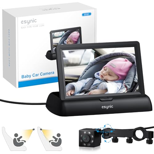 eSynic 1080P HD Baby Car Camera 4.3 Inch Display Car Baby Camera Clear Night Vision Baby Carseat Camera With 8 LEDs & a HD 360-degree Lens Adjustment Support 1920 * 1080 Pixels for Baby Pet Safety