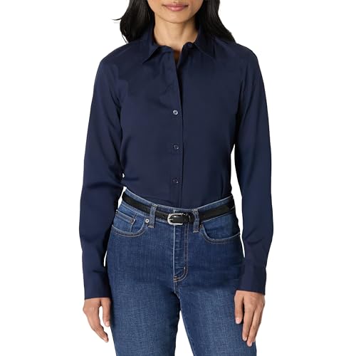 Amazon Essentials Camisa de Vestir Ajustada con Botones de Popelina Elástica Mujer, Azul Marino, M