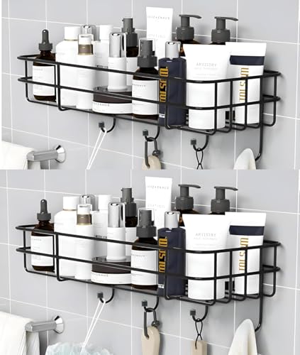 Image of Self Adhesive Bathroom Shelf with Hooks, Stainless Steel Wall Mounted Organizer Rack, Towel Holder, Bathroom Storage Shelf, Rustproof (Black, Pack of 2)
