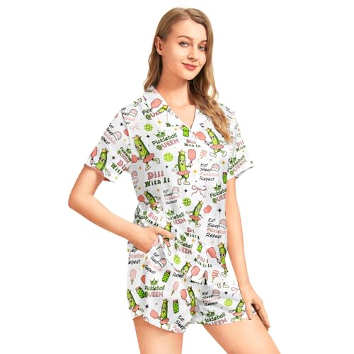Image of Funny Satin Pajamas Set for Women Button Down Sleepwear Print Pjs Set 2 Piece Short Sleeve Loungewear Gift for Women