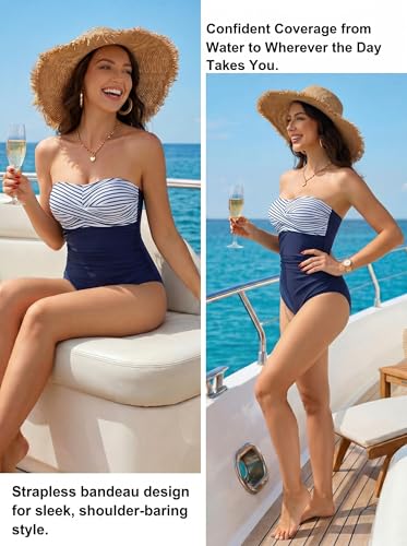 Image of Smismivo Tummy Control Swimwear Strapless One Piece Swimsuit Ruched Bathing Suits for Women Slimming Bandeau Tube Top Bikini