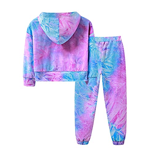 Girl's 2 Piece Tie Dye Sweatsuits Long Sleeve Crop Pullover Hooded Tracksuit And Jogger Sweatpant With Pocket #TOP1