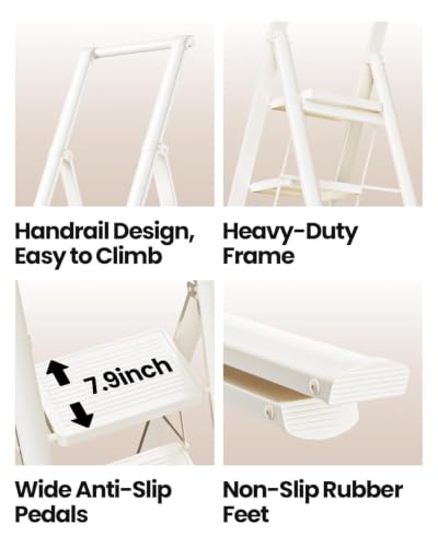Image of SOLADDER 5 Step Ladder, Folding Step Stool, Lightweight Stepladder, White