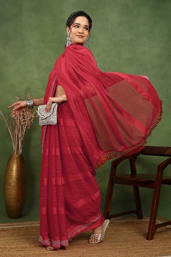 Image of MIRCHI FASHION Saree for Woman Georgette Solid with Satin Stripes | Stone Border Farewell and Ceremonial Sari with Blouse Piece