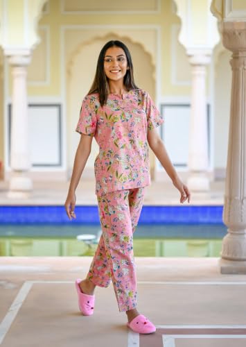 Image of SANSKRUTIHOMES Women's Premium 100% Cotton Printed Co-Ord Set | Short Sleeve Shirt & Pant Set | Pink Checkered Sun & Palm Tree Print | Casual Summer Resortwear, Vacation Wear & Comfortable Loungewear