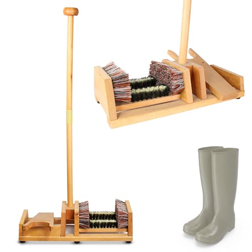 Stiefelknecht / 4 Bürsten - Stiefelzieher mit langem Holzgriff zum Aufstützen - Bürste, Abkratzer, Schuhreiniger - Praktisch, um Stiefel leicht auszuziehen - 90 cm - Holz