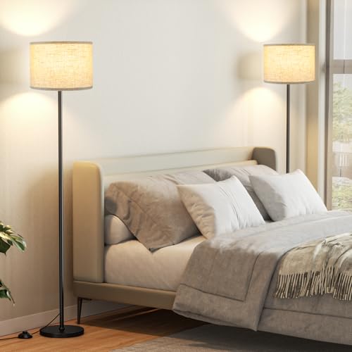 Image of Ambimall 60'' Modern Floor Lamp Set of 2, 2PK Tall Lamps for Living Room Bedroom, Beige Shade with Black Pole(Without Bulb)