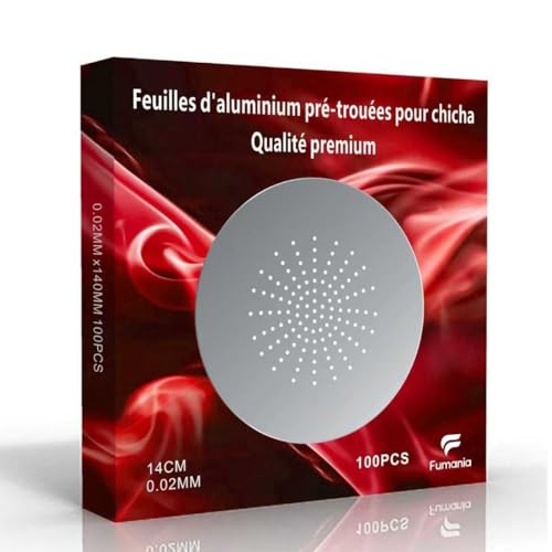 100 Feuilles d'aluminium pré-trouée pour chicha, aluminium pré-découpées 14cm diamètre, 0.02mm d'épaisseur