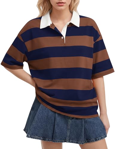 Meladyan Women's Rugby Shirt Striped Polo T-Shirts Oversized Short Sleeve Lapel V Neck Tee Summer Pullover Tops Khaki-Navy
