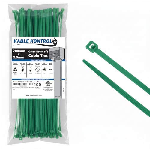 Kable Kontrol Green Cable Ties 200 mm x 2.5 mm Pack of 100 8 Premium Nylon Zip Ties Multi-Purpose Plastic Tie Wraps Secure Self-Locking Mechanism for Home Garden Office and DIY