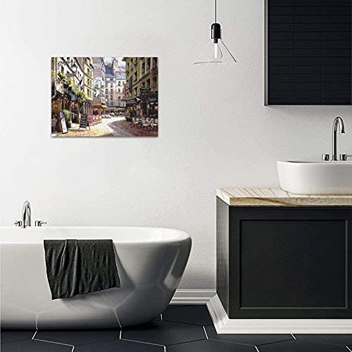 Beautiful Modern Art Watercolor Painting Rich Retro Small Streets Of Paris Cafe Canvas Print Wall Art 18" X 12" Inch, Stretched And Framed Artwork Decor Wall Living Room Office, Art Abstract City Landscape Watercolor Picture Canvas Wall Art Print #TOP4