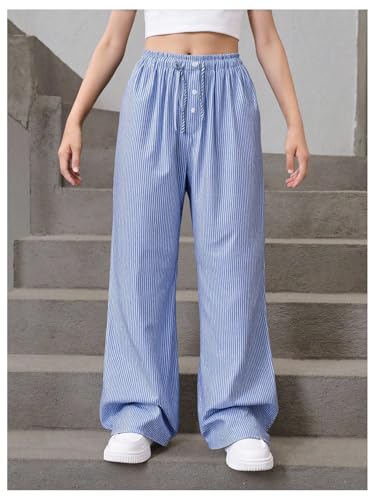 Image of SHENHE Girl's Linen Low Waisted Drawstring Button Front Loose Long Pants Casual Boho Trousers