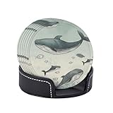 Juego de 6 posavasos de cuero con estampado de ballena Baleen con soporte, posavasos o mesa de madera para bebidas calientes o frías, mesa de café