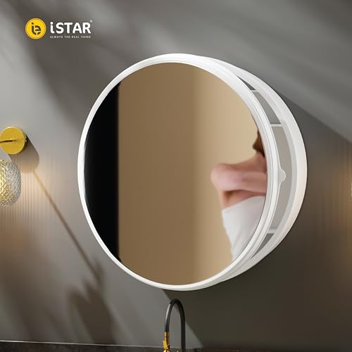 Image of iSTAR Round Wall Mirror with Storage Shelf | Bathroom Vanity Cabinet with Hidden Storage Cabinet | Wall Mounted, Bathroom, Bedroom, Living Room