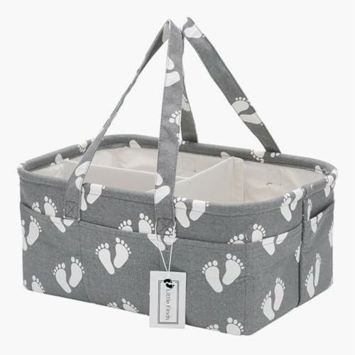 Little Finds Portable Nappy Caddy Organiser, Cotton Diaper Changing Basket,Baby Nursery Essentials Organiser, Car Travel Storage,Detachable Compartments, 10 Side Pockets, 3 Dividers,Baby Gift (Grey)