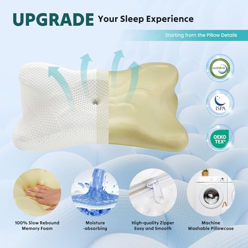 Image of DUMOS Cervical Neck Pillow, Cooling Ergonomic Memory Foam Pillows for Neck Pain Relief with Breathable Pillowcase, Dual Height Orthopedic Support Contour Pillow for Side, Stomach Sleepers, White