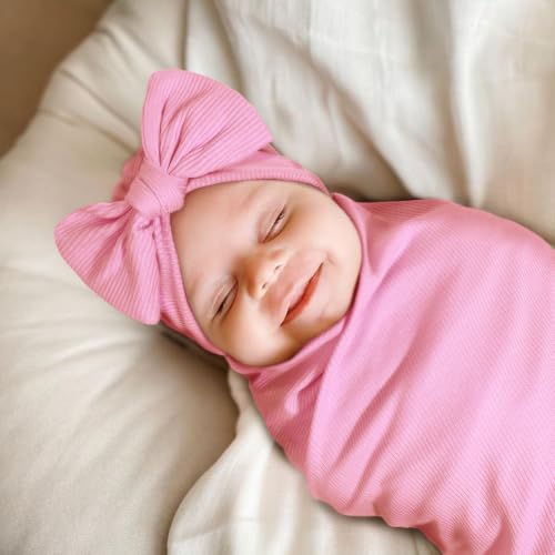 Image of DRESHOW BQUBO Baby Girl Newborn Receiving Blankets with Bow Hat Headband Wooden Birth Announcement Card Set Newborn Baby Swaddle Wrap Set Warm Shower Gift