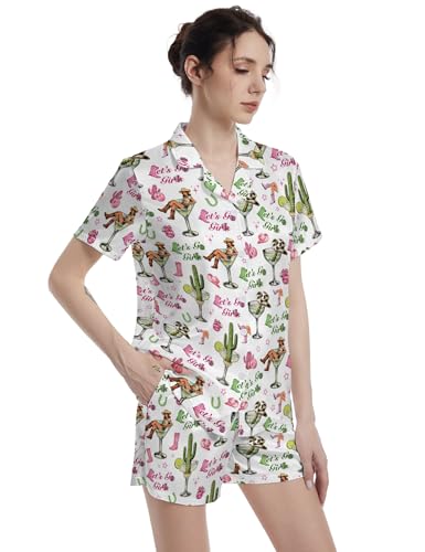 Image of Funny Satin Pajamas Set for Women Button Down Sleepwear Print Pjs Set 2 Piece Short Sleeve Loungewear Gift for Women