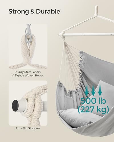 Image of SONGMICS Hammock Chair, Load Capacity 500 lb, Hanging Chair with 2 Cushions, Large Hammock Swing with Chain and Pocket, for Indoor, Outdoor, Living Room, Bedroom, Dove Gray UGDC197G01