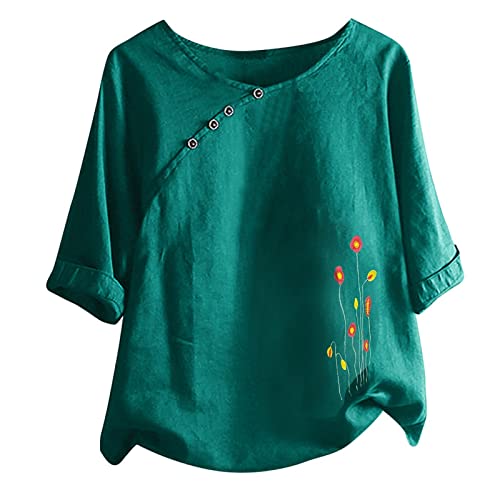 Blusas femininas de linho de algodão com manga 3/4, estampa de dente-de-leão, blusa vintage de gola