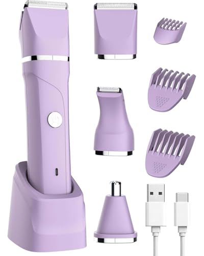 Image of 4-in-1 Women's Electric Body Hair Trimmer, Purple, Ceramic Blade, USB-C Rechargeable, with Nose Trimmer and Charging Dock